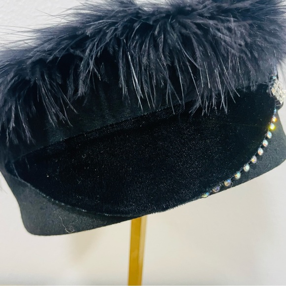 Elegant Black Wool Pill Box Church Hat Feather-Trimmed  with Rhinestone Detail main image 11